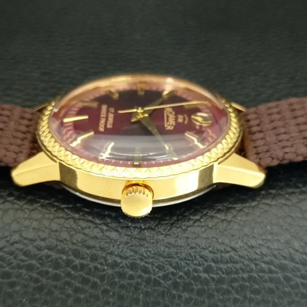 Vintage 1984 Roamer Manual Mens Gold Watch W/Nato Strap & Red accents